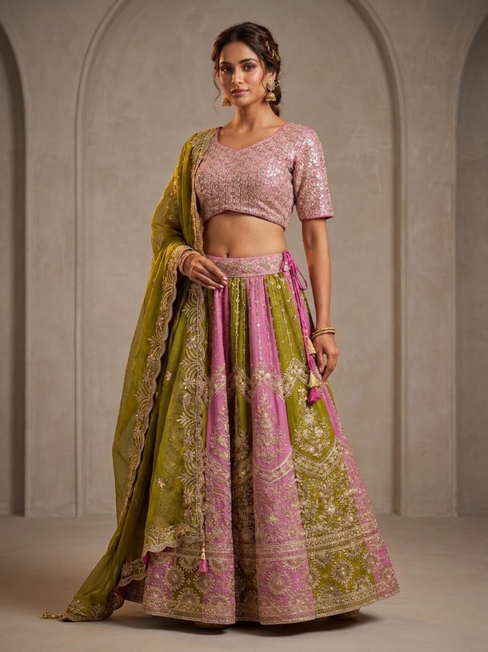 Purple Green Embellished Georgette Party Net Lehenga Set